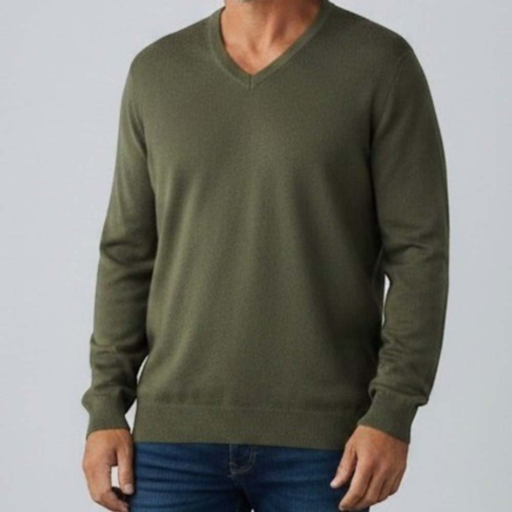 Quince V-Neck Sweater Men XL Olive Green 100% Cashmere Long Sleeve Knit Pullover